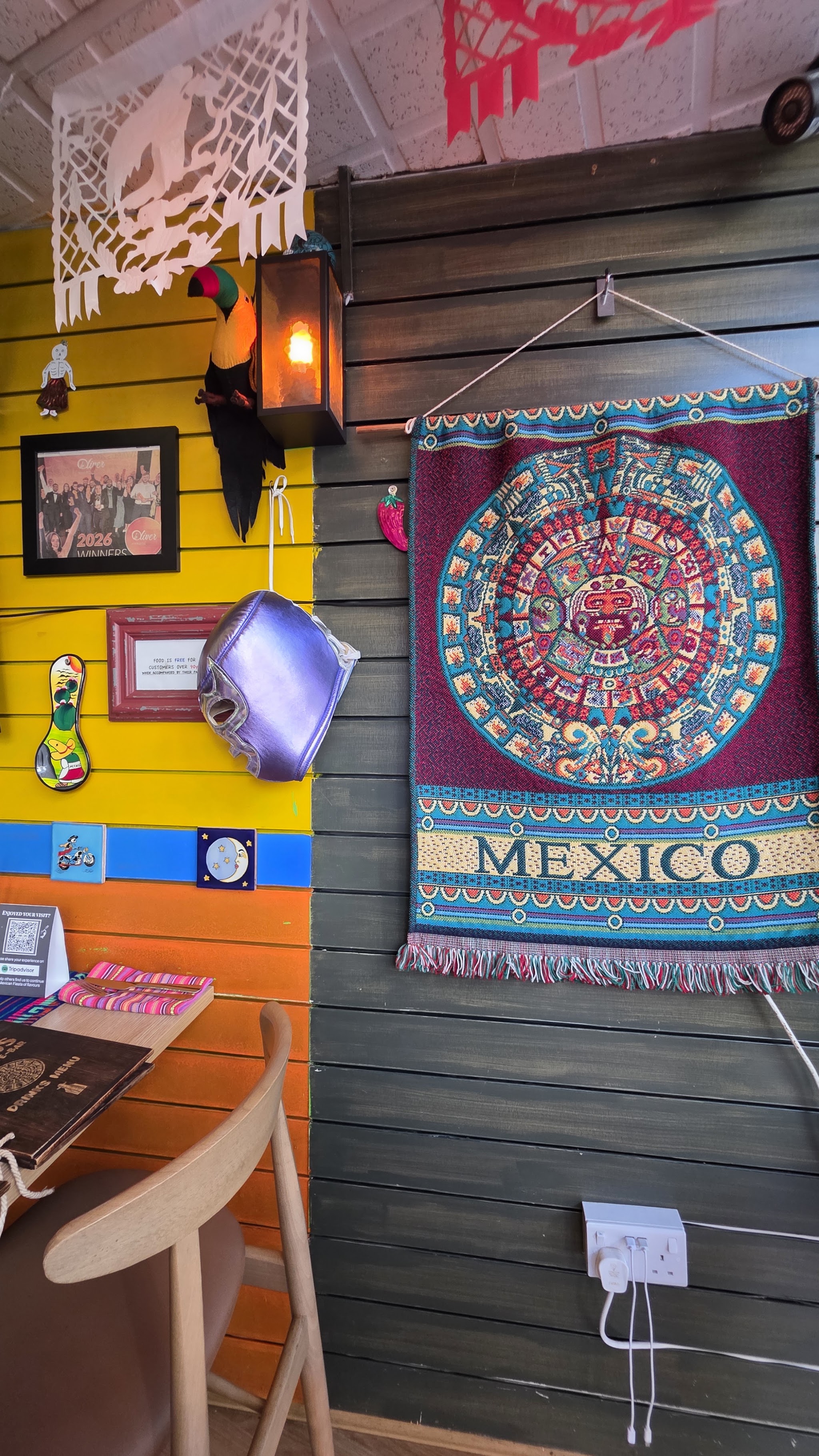Mexican textiles and decorations on the dining room wall